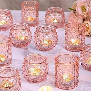 DARJEN Pink Votive Candle Holders Set of 24- Round Glass Candle Holders Bulk for Flameless LED Tea Waxes, Romantic Candle Holder for Wedding & Various Parties, Home Table Decor Pink Candle Holders, Romantic Wedding Centerpieces, Wedding Party Centerpieces, Romantic Candle, Home Table Decor, Sweet 16 Decorations, Jar Centerpieces, Romantic Candles, Candle Holders Wedding