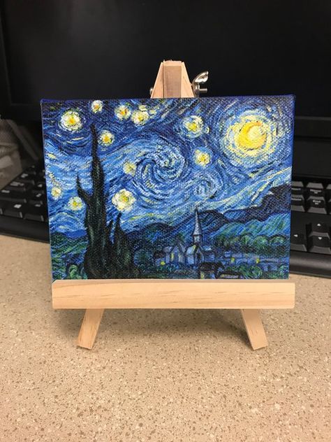 Acrylic Painting Starry Night, Little Canvas Paintings, Painting Mini Canvas, Canvas Easel, Mini Tela, Canvas Art Painting Acrylic, Disney Canvas Art, Starry Night Art, Starry Night Painting