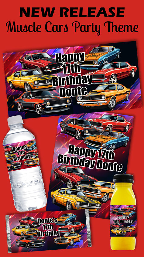 Elevate your celebration and rev up the excitement with our Awesome Muscle Cars themed Party Supplies. Perfect for motorsport and car enthusiasts, featuring iconic vehicles like the Chevrolet Camaro, Plymouth Barracuda, and Dodge Hemi Charger.  Personalise with custom text and preview online for a roaring success! Muscle Car Birthday Party, Muscle Car Party, Cars Themed Party, Race Car Party Decorations, Cars Birthday Party Decorations, Cars Birthday Party, Dodge Hemi, Chocolate Labels, Birthday Party Packs