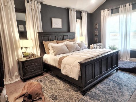 Modern Farmhouse Bedroom Dark Brown Furniture, Cozy Master Bedrooms Decor Dark Furniture, Gray Headboard Bedroom Color Schemes, Modern Farmhouse Bedroom Master Suite, Rustic Master, Modern Classic Living Room, Dark Bedroom Furniture, Bedroom Inspirations Master, Bedroom Decor Dark