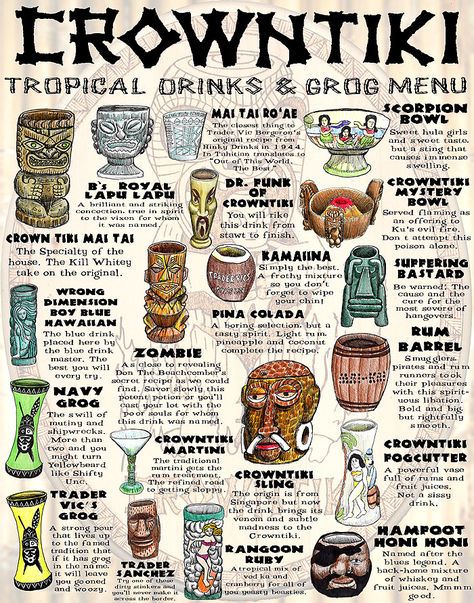 Tiki Restaurant, Menu Art, Tiki Bars, Tiki Decor, Tiki Bar Decor, Tiki Lounge, Tiki Art, Tiki Cocktails, Tiki Drinks