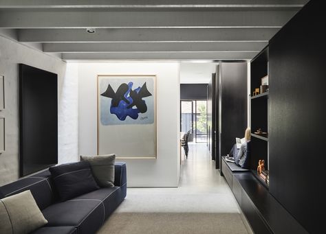 Montague by Nexus Designs Living Room With Storage, Room With Storage, Townhouse Renovation, Black Abstract Painting, Abstract Painting Black, Penthouse Living, Modern Expressionism, Melbourne Suburbs, Black White Canvas