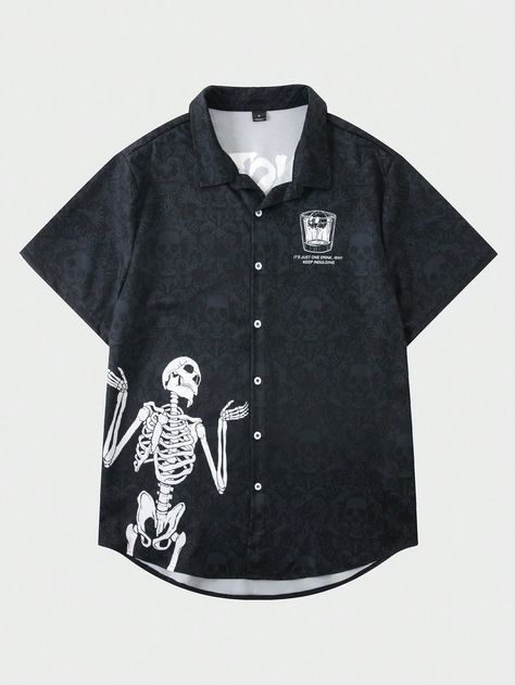 ROMWE Goth Guys Skeleton Print Button Front Shirt Goth Button Up Shirt, Goth Men, Letter Shirt, Goth Guys, Gothic Men, Goth Shirt, Small Tattoos For Guys, Fashion Male, Skeleton Print