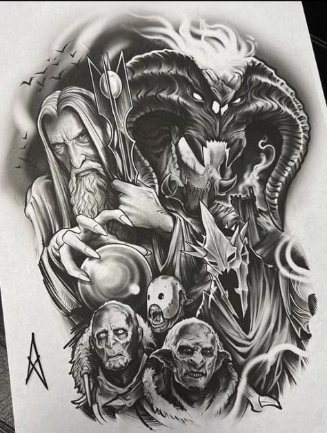 Smaug Tattoo, Fairy Tale Tattoo, Wizard Drawings, Tolkien Tattoo, Valkyrie Tattoo, Lotr Tattoo, Persian Tattoo, Lord Of The Rings Tattoo, Black And White Tattoo