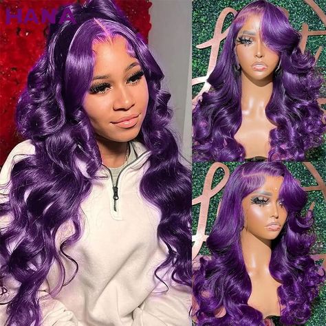 13x6 Dark Purple Lace Front Human Hair Wig Brazilian 13X4 Lace Frontal Wig Pre-Plucked Long Body Dark Purple Hair Black Women, Purple Wigs Black Women, Dark Purple Wig, Purple Lace Front, Dark Purple Hair, Full Lace Wig Human Hair, Purple Wig, Lace Front Wigs Human Hair, Hair Color Purple