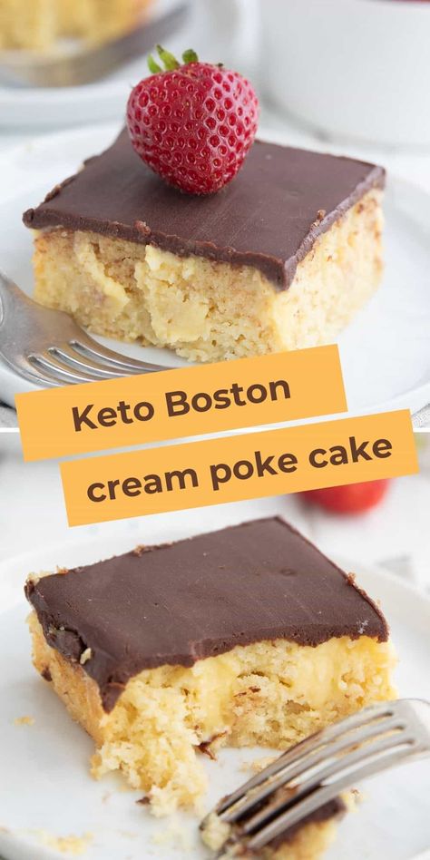 Keto Boston Cream Poke Cake Keto Boston Cream, Boston Cream Pie Poke Cake, Cream Poke Cake, Boston Cream Poke Cake, Keto Lasagna, Postre Keto, Low Carb Cake, Boston Cream Pie, Boston Cream