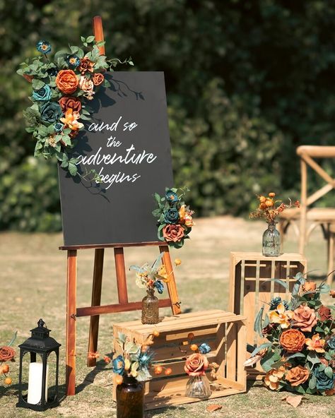 September Wedding Aisle Decor, Country Wedding Shower Decorations, Emerald Green And Rust Wedding Theme, Fall Wedding Navy And Orange, Shed Wedding Decorations, Teal And Rust Wedding Decor, Deep Teal Wedding Colors, Rust Orange Wedding Decor, Terracotta And Turquoise Wedding