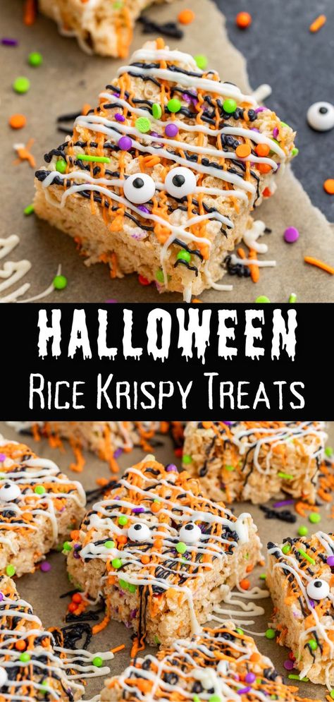 Halloween themed rice krispy treats that are purple, orange, green, white and black with monster candy eyes Halloween Rice Krispy Treats, Halloween Rice Krispy, Halloween Rice Crispy Treats, Halloween Rice Krispies, Fun Halloween Snacks, Fun Halloween Desserts, Halloween Rice Krispie Treats, Halloween Party Treats, Halloween Food Desserts