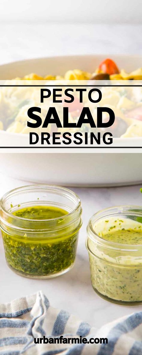 This pesto salad dressing recipe is a versatile and flavorful salad dressing that's perfect for summer picnics and barbecues! You can either make a pesto vinaigrette, or you can make it a creamier version with mayonnaise and mustard. Either way, it's light, flavorful, and sure to be a hit with your guests! Best of all, it's easy to make at home with just a few simple ingredients. Pesto Dressing Salad, Salad Dressing Vinaigrette, Pesto Salad Dressing, Dressing Vinaigrette, Diy Salad Dressing, Pesto Vinaigrette, Healthy Pesto, Lemon Pesto, Pesto Salad