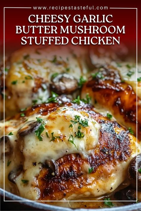 This Cheesy Garlic Butter Mushroom Stuffed Chicken is a delightful dish that combines tender chicken breasts filled with a savory mushroom and cheese mixture. The rich flavors of garlic and butter make every bite irresistible. Perfect for a weeknight dinner or a special occasion, this stuffed chicken is sure to impress your family and friends. Cheesy Chicken And Mushrooms, Chicken Mushrooms Onions Recipes, Dinner For Special Occasion, Cheesy Garlic Mushroom Stuffed Chicken, Cheesy Garlic Butter Mushroom Stuffed Chicken, Christmas Day Meals Dinners, Chicken Holiday Recipes, Chicken Breast Mushroom Recipes, Dinner Ideas With Mushrooms