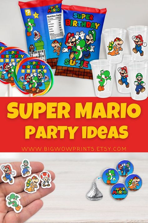 Mario Coins Printable, Super Mario Loot Bag Ideas, Super Mario Pringles, Super Mario Party Food Labels, Super Mario Chip Bag, Super Mario Birthday Party, Mario Birthday Party, Super Mario Birthday, Custom Party Favors