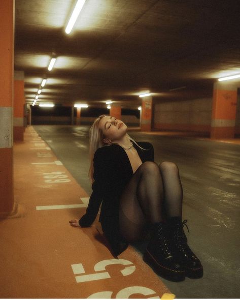 Urban Grunge Photography, Parking Lot Portrait, Urban Photoshoot Poses, Parking Garage Photo Shoot Ideas, On Location Photoshoot, Street Flash Photography, Basement Photoshoot Ideas, Parking Lot Photography, Garage Parking Lot Photoshoot