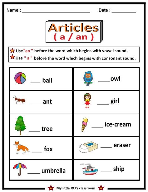 English Worksheet For Class 1 Vowels, Class Worksheets, Articles Worksheet, Alphabet Practice Worksheets, 2nd Grade Reading Comprehension, Worksheets For Class 1, Motivational Quotes For Kids, Nouns Worksheet, English Articles