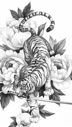 Prowling Lion Tattoo, Tiger Body Drawing, Japanese Animals Tattoo, Japanese Tattoos Tiger, Tiger Body Tattoo, Japanese Tiger Drawing, Japan Tiger Tattoo, Tiger Art Tattoo, Japanese Tattoo Tiger