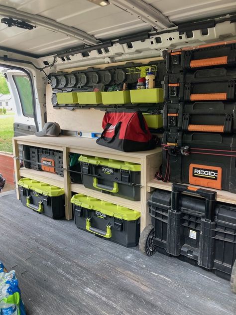 Workvan Setup, Job Trailer Organization, Work Van Storage, Work Van Organization Ideas, Work Van Storage Ideas, Van Setup, Bike Storage In Van, Work Truck Organization, Work Truck Storage