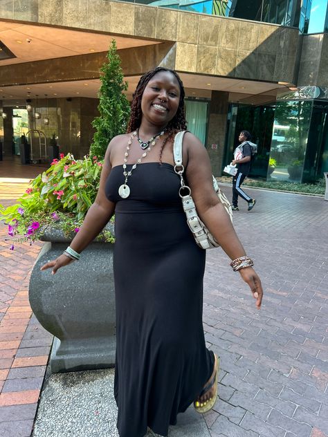 Maxi dress, coach bag, Y2K maxi dress, plus size inspo Mid Sized Black Women, Midsize Earthy Fashion, Fat Black Lady, Yvonne Core, Aquarius Fashion Style, Mid Size Winter Outfits, Mid Size Bodies, Earthy Wardrobe, Midsize Dresses