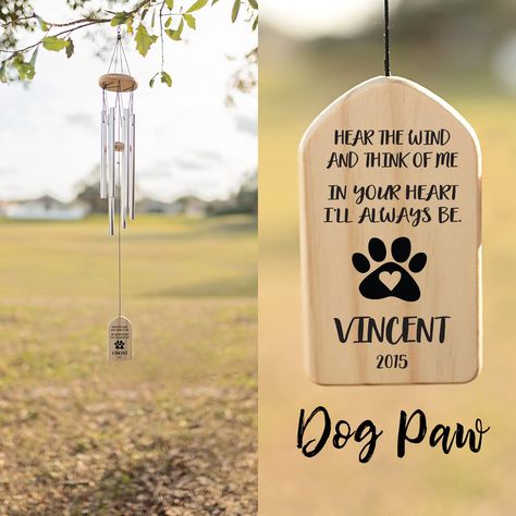 A personalized Wind Chime to remember your beloved pet.  We print the personalized design with your pet's name on both side of the Wind Chimes. We can have the text make anything with similar amount of letters as the sample in the picture. By default we will just change the name and year on the design listed with the personalization provided in the personalization box. Pet Condolences, Personalized Wind Chimes, Dog Sympathy Gifts, Memorial Wind Chimes, Dog Sympathy, Pet Remembrance, Personalized Pet Memorial, Dog Memorial Gift, Pet Loss Gifts