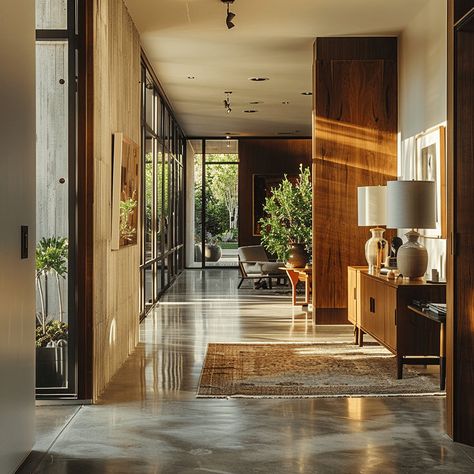 A mid-century modern hallway featuring clean lines, organic shapes, warm natural materials, and iconic furniture illuminated by light filtering through floor-to-ceiling windows1 Mid Century Modern Hallway, Mid Century Hallway, Mid Century Interior Design, Mid Century Interior, Hallway Inspiration, Hallway Designs, Modern Hallway, Mid Century Modern Interiors, Hus Inspiration