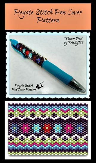 "Flowers" Beaded Pen Cover Pattern | Bead-Patterns Beaded Pen Covers, Bead Woven Bracelet, Beaded Banners, Flower Pens, Beadwork Tutorial, Pen Pattern, Bead Weaving Tutorials, Beaded Beads, Brick Stitch Pattern