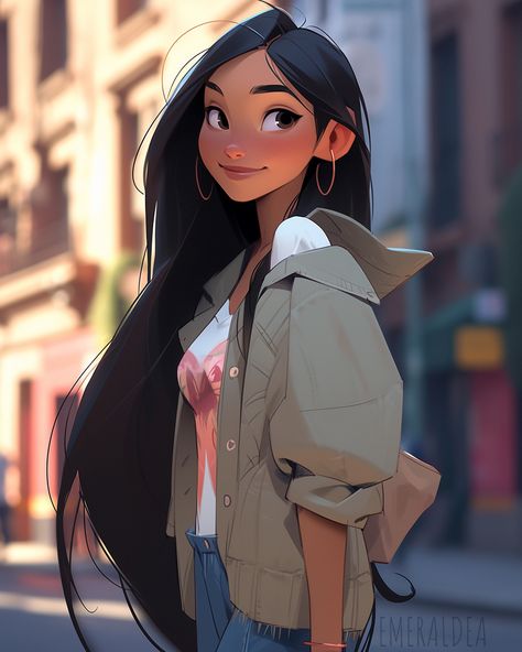 Modern Pocahontas, wearing jeans, Disney Princess Pocahontas Modern, Modern Pocahontas, Disney Style Drawing, Disney Anime Style, Modern Disney Characters, Portraits Art, Disney Princess Modern, Portrait Cartoon, Dope Cartoon Art