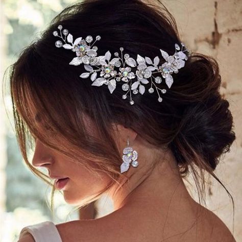 Super Cute And Stylish Ships In 5-10 Business Days Bridal Updo With Crown, Cute Wedding Hair Styles, Low Messy Bun Wedding Hair, Wedding Hair With Flowers, Bridal Updo With Veil, Bride Hair Clips, Random Products, Wedding Renewal, Bridal Hairdo