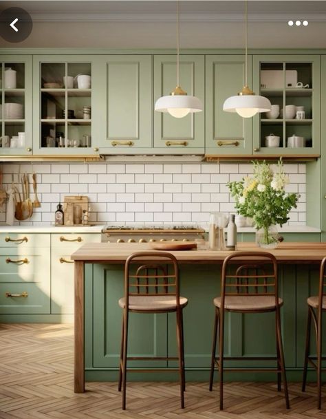 Kitchen No Island Layout, Kitchen Design Green, Green Kitchen Designs, Sage Green Kitchen, Classic Kitchen Design, Green Kitchen Cabinets, Dream Kitchens Design, Aesthetic Kitchen, Green Cabinets