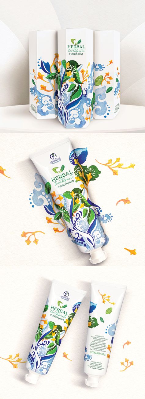 Toothpaste Package Design, Herbal Product Packaging, Herbal Packaging Design, Thai Packaging Design, Cosmetics Packaging Ideas, Thai Graphic Design, Toothpaste Packaging Design, Flower Advertising, Toothpaste Design