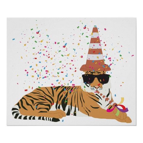 Tiger Partying - Animals Having a Party Poster  Zazzle Tiger Party, Tiger Birthday Party, Tiger Birthday, Party Horns, 41st Birthday, Funny Postcards, Party Animal, Birthday Gifts For Best Friend, Party Poster