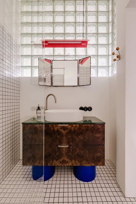 Gallery of Post-modernism In Warsaw’s Praga - Warsaw / Poland / 2023 | Picture 9 | Bathroom Terrazzo, Pink Terrazzo, Statement Furniture, Walnut Burl, Appartement Design, Green Flooring, Single Bedroom, Custom Vanity, Glass Blocks