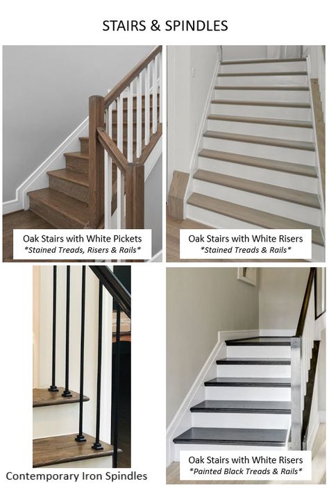 White Stair Risers, Iron Spindles, Stair Spindles, Oak Stairs, Stained Oak, Stairs, Floor Plans, Flooring, White