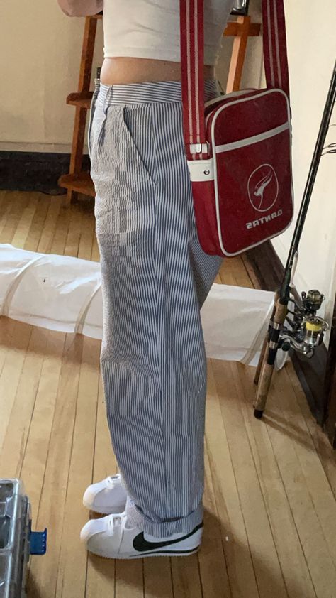 Baggy Striped Pants Outfit, Striped Dickies Pants Outfit, Pin Stripe Pants Outfit Aesthetic, Dickies Striped Pants, Stripped Trousers Outfit, Pin Striped Pants Outfit, Stripped Jeans Outfit, Stripe Jeans Outfit, Pin Stripe Pants Outfit