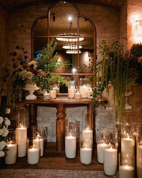 Wedding florals, wedding decor, wedding candles, sand candles, candle installation, wedding ceremony, wedding inspo, green, neutrals, white, cream, candlelit Candle Installation, Candle Theme, Barrel Wedding, Barrel Room, Romantic Wedding Ceremony, Beautiful Bridal Hair, Linen Drapery, Wedding Mood Board, Luxury Candles