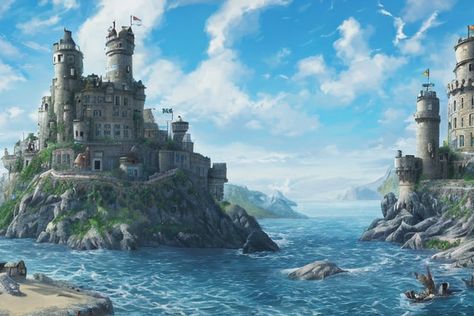 Seaside Castle- AI Art created on InstantArt Seaside Castle Fantasy Art, Seaside City Fantasy Art, Seaside Kingdom, Seaside Castle, Ocean Kingdom, Map Key, Seaside Art, Romantic Fantasy, Book Things