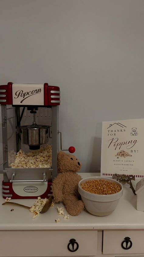 At Home Popcorn Station, Home Popcorn Station, Popcorn Machine In Home Decor, Popcorn Machine In Home, Airbnb Plans, Popcorn Station, Popcorn Stand, Popcorn Tub, Popcorn Bar