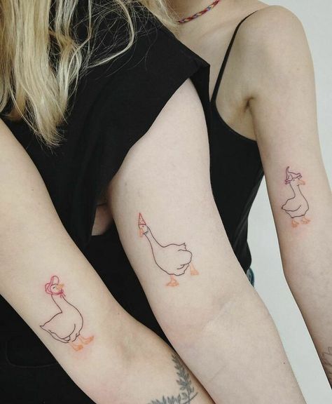 Matching Goose Tattoos, Best Friend Trio Tattoos, Cat Tattoo Thigh, Three Friends Tattoo, Three Sister Tattoos, Brother And Sister Tattoos, Siblings Tattoo For 3, Goose Tattoo, Matching Tattoos For Siblings