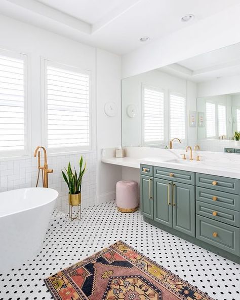 White Mosaic Bathroom, Tile Floor Bathroom, Black And White Bathroom Floor, Green Bathroom Vanity, Black And White Tiles Bathroom, Laundry Room Tile, Interior Window Shutters, Green Vanity, White Bathroom Tiles