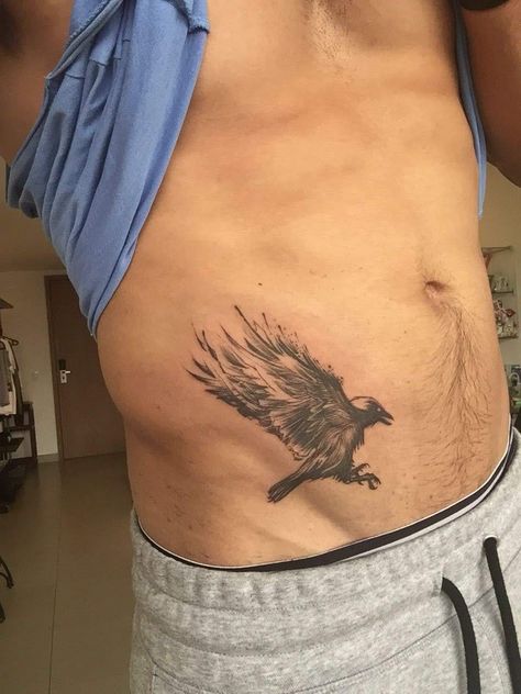 Waist Men Tattoo, Mens Raven Tattoo, Lower Abdomen Tattoo Men Ideas, Raven Stomach Tattoo, Raven Tattoo Ideas For Men, Raven Tattoo Men, Stomach Tattoos Men, Pelvic Tattoos, Lower Belly Tattoos