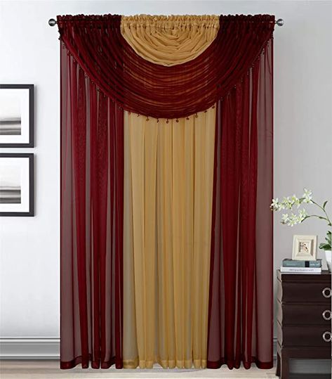 4 Panels With 2 Attached Valances All-In-One Burgundy Gold Sheer Rod Pocket Curtain Panel 84 Inches Long With Crystal Beads - Window Curtains for Bedroom, Living Room or Dinning Room Gold Curtains Living Room, Burgundy Curtains, Burgundy Living Room, Gold Bedroom Decor, Window Sheers, Gold Curtains, Gold Living Room, Country Curtains, Beautiful Curtains