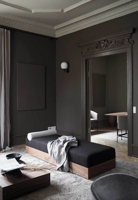 Eight alternatives to grey and white for fans of neutral decor | These Four Walls Daybed Design, Italy Destinations, Farrow And Ball, Dark Walls, Paint Brands, Interior Wall Design, Neutral Walls, Dark Interiors, New Works