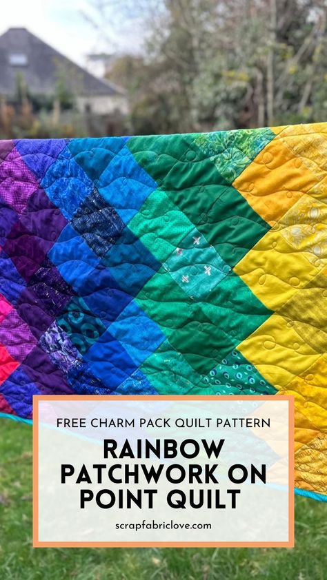 Create a stunning rainbow quilt with this Free Rainbow Charm Square On-Point Quilt Pattern! This easy quilt pattern is perfect for charm square quilt ideas and offers a beginner-friendly way to make quilts using squares, charm pack projects and free ideas for scrappy quilt patterns. This design is perfect for both modern quilt patterns and free baby quilt patterns. Learn how to make a scrappy charm square quilt with this vibrant pattern that will brighten any space! Rainbow Quilts Ideas Free Pattern, Rainbow Quilt Patterns, Charm Pack Projects, Charm Pack Patterns, Baby Quilts To Make, Free Baby Quilt Patterns, Backing A Quilt, Charm Pack Quilt Patterns, Charm Square Quilt