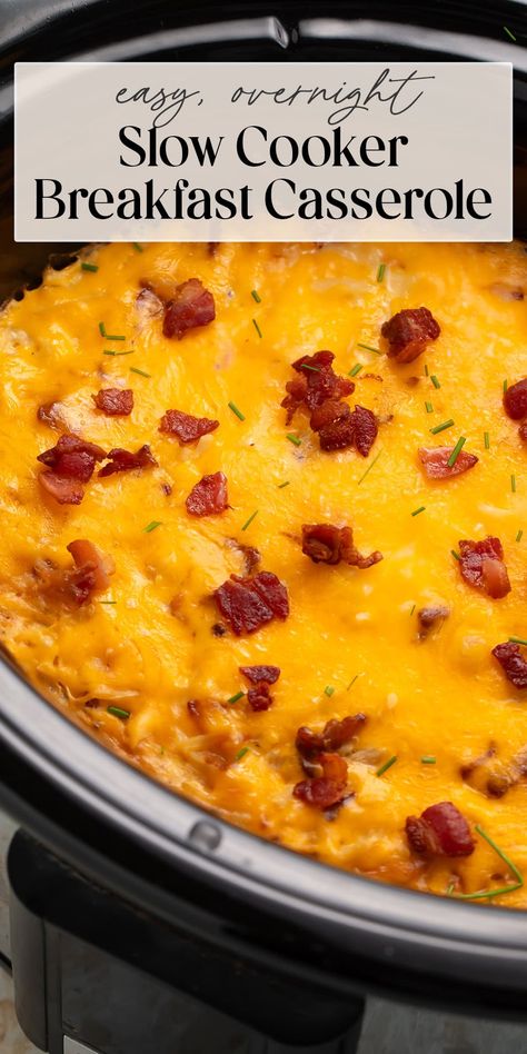 The best way to start any day is with a breakfast that cooks while you sleep! This Crockpot breakfast casserole combines creamy scrambled eggs, shredded hashbrown potatoes, chopped onions, melty cheese, and crispy bacon (or savory sausage) for an all-in-one meal you'll be excited to wake up to. Perfect for entertaining, weekly make-ahead meals, and holiday mornings! Vegetarian and dairy-free options included. Scrambled Egg Casserole Recipes, Hash Brown Breakfast Casserole Crockpot, Crockpot Breakfast Casserole Overnight Ham, Crockpot Breakfast Casserole Hashbrowns, Crockpot Breakfast Casserole With Bread, Non Dairy Egg Casserole, Easy Brunch Ideas Crock Pots, Bacon And Hashbrown Casserole, Make Ahead Sausage Hashbrown Breakfast Casserole