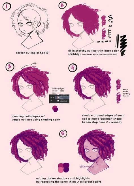 Hair Tutorial Art Digital, 4c Hair Drawing Tutorial, How To Color Curly Hair Digital, Hair Tutorial Drawing Digital, Black Hair Reference, Digital Art Hair Tutorial, Art Tutorials Digital, Digital Art Coloring Tips, Digital Art Hair