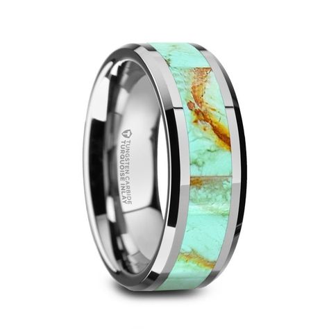 PIERRE Men’s Polished Tungsten Wedding Band with Light Blue Turquoise Stone Inlay & Polished Beveled Edges - 8mm | Larson Jewelers Tungsten Carbide Wedding Bands, Tungsten Wedding Band, Wedding Band Designs, Custom Wedding Rings, Tungsten Carbide Rings, Tungsten Wedding Bands, Wolfram, Stone Inlay, Bleu Turquoise