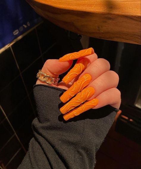 KhalenaLV Orange Stilleto Nails Long, Long Orange Nails, Long Nails Orange, Stilleto Nails Designs, Orange Nail, Spotify Apple, Young Thug, Orange Nails, Square Acrylic Nails