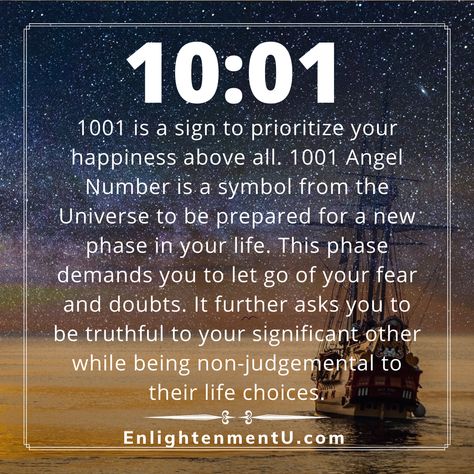 Does number 1001 keeps appearing in front of you in places you don't expect it to? If this has been happening with you frequently, you should take a step back and reconsider what exactly is 1001 trying to tell you. Angel number 1001 is a sign from the Universe that you're about to experience positive changes in life. 1001 asks you to never lose hope and be confident about the choices you make in life. 10:01 Angel Number Meaning, 1001 Angel Number Meaning, 1001 Angel Number, 4444 Angel Number, A Sign From The Universe, Sign From The Universe, Changes In Life, Light Guide, Numerology Numbers