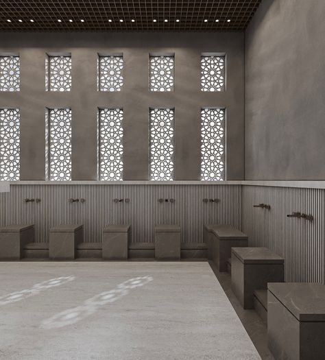 The wudu area in Masjid Al-Hikma is crafted entirely from sleek marble, with a modern design and subtle grey tones. This thoughtfully designed space provides a serene and hygienic environment for worshippers. - - - - - - #interiordesign #interiorinspo #interiordaily #interiorstyle #interiorinspiration #3dvisualization #designinspiration #design #designinterior #visualart #visualization #3dmax #modern #art #luxurylifestyle #luxury #islamic #architecture #masjed Mosque Design Interior, Wudu Area At Home, Surau Design, Masjid Interior Design, Masjid Interior Design Modern, Modern Islamic Architecture, Masjid Design, Islamic Arch, Modern Mosque