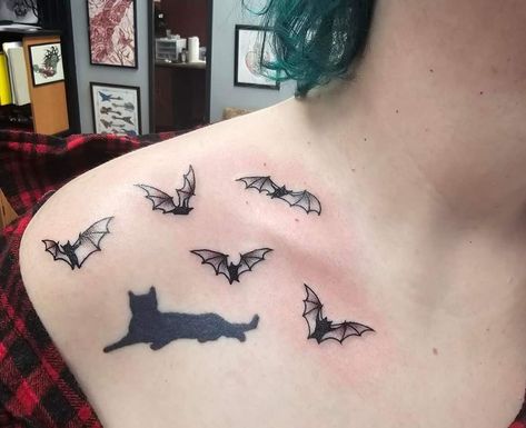 Tattoo Ribcage, Collarbone Tattoo, Bat Tattoo, Cat Tattoos, Halloween Tattoo, Collar Bone Tattoo, Body Modification, Halloween Tattoos, Dream Tattoos