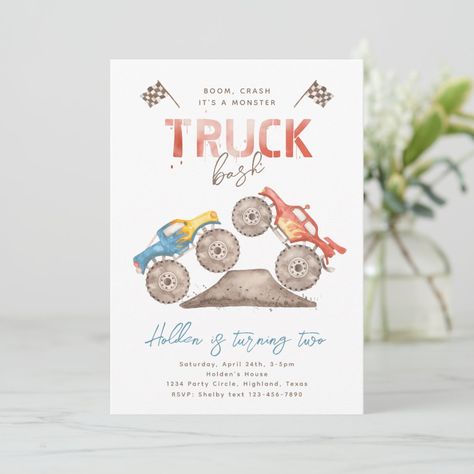 Monster Truck Invitations, Monster Truck Theme Birthday Party, Two Fast Two Furious, Truck Party Invitations, Monster Jam Birthday Party, Monster Truck Birthday Party, Monster Jam Birthday, Monster Jam Party, Monster Truck Theme