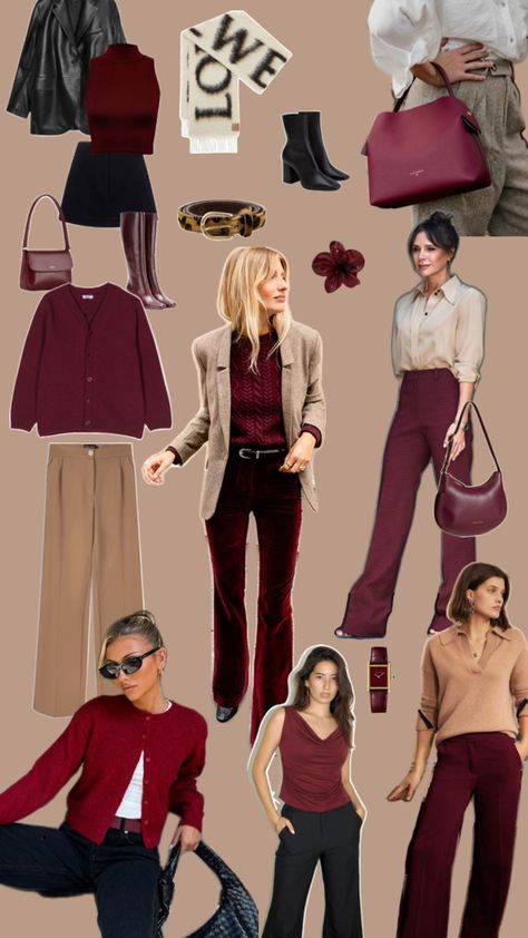 Burgundy dark red outfit inspiration autumn trend pantalon knitwear blazer