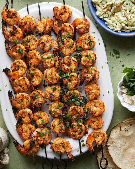 Easy Grilled Shrimp Skewers - Bites with Bri Shrimp Skewer Recipes, Asian Chopped Salad, Coconut Curry Shrimp, Shrimp Marinade, Grilled Shrimp Skewers, Salmon Rice Bowl, Pesto Dressing, Cilantro Lime Sauce, Summer Sides